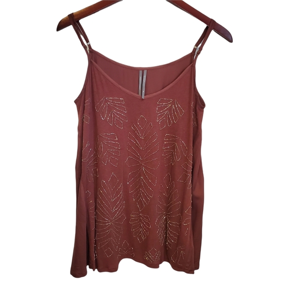 Anthropologie Alison Rust Beaded Palm Leaf V-Neck Linen Blend Tank - Picture 11 of 13